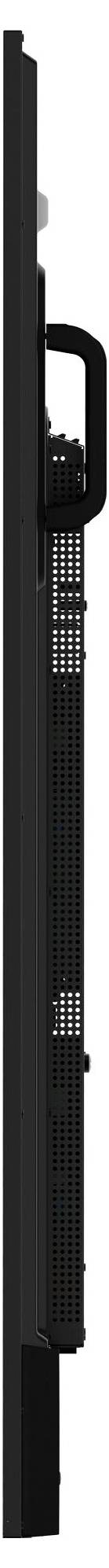 Seitenansicht eines hohen, schwarzen, zylindrischen Turmventilators mit einem Griff oben.