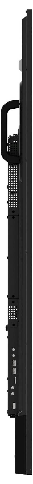 Seitenansicht eines schwarzen, aufrecht stehenden elektronischen Geräts mit sichtbaren Tasten und Anschlüssen, das sein schlankes Design und den integrierten Griff präsentiert.