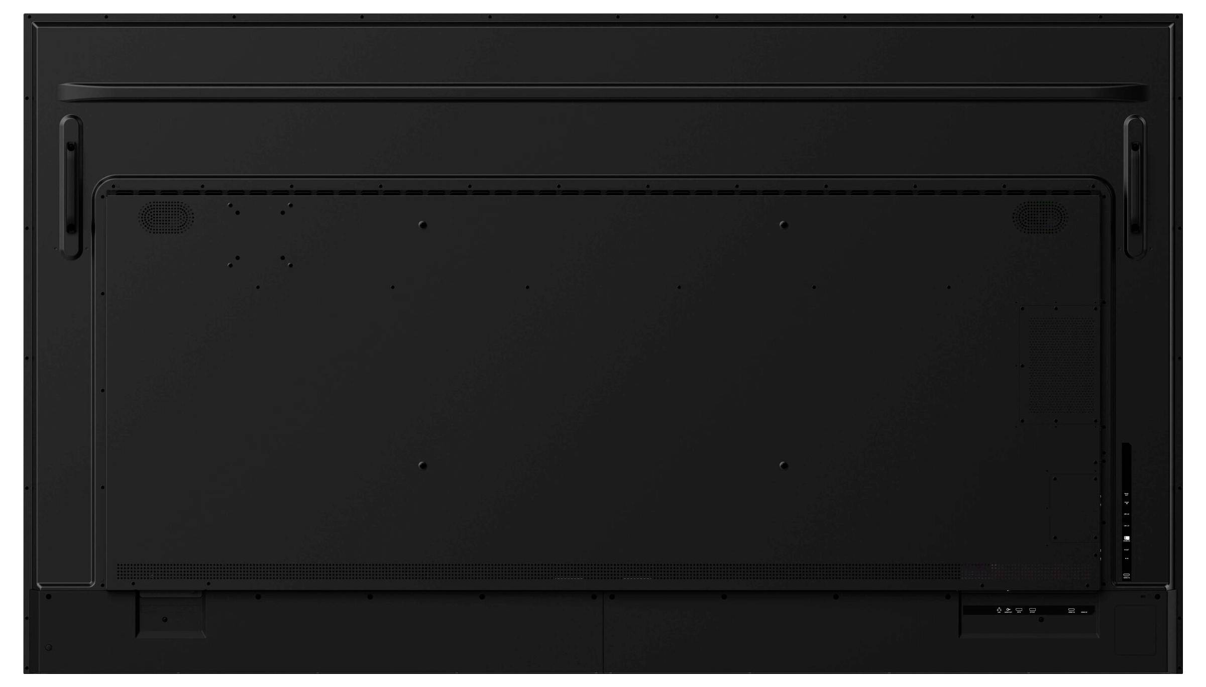 Das Bild zeigt die Rückseite eines großen schwarzen Fernsehers mit elegantem Design und Anschlüssen für Konnektivität auf der unteren rechten Seite.