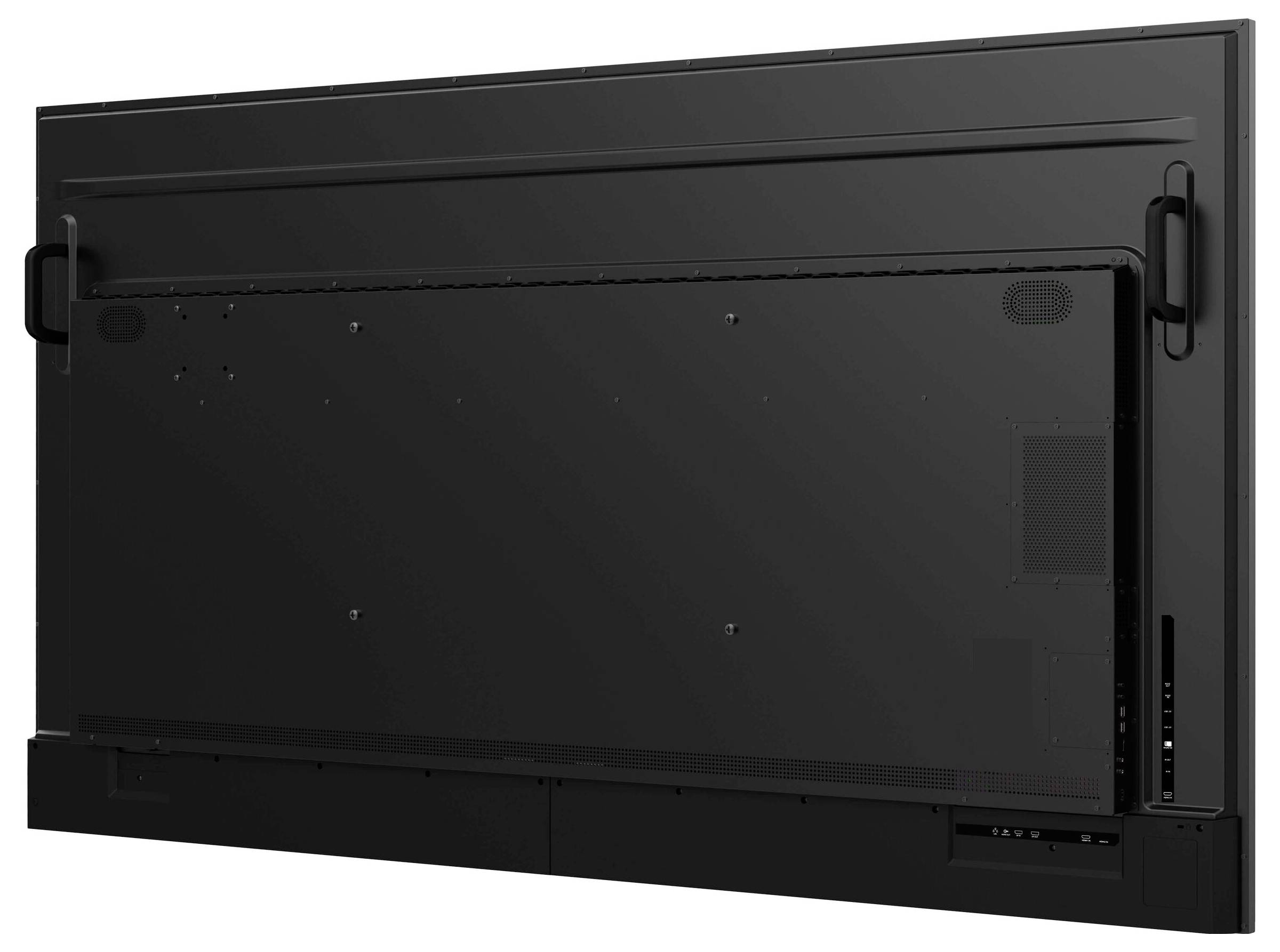 Das Bild zeigt die Rückansicht eines großen Flachbildfernsehers mit einem eleganten schwarzen Rahmen und Tragegriffen an den Seiten.