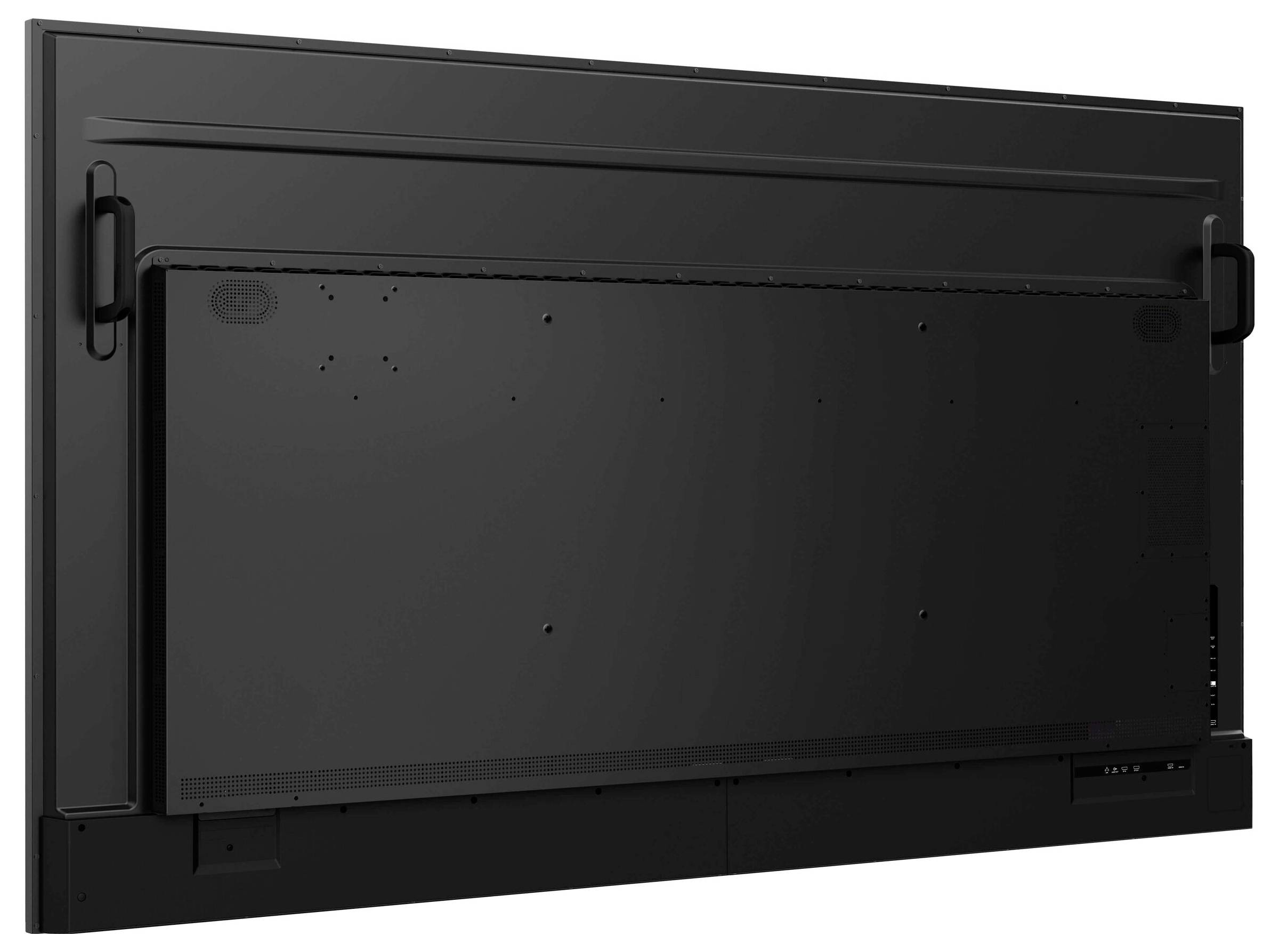Ein großer schwarzer Flachbildschirm-Fernseher, von hinten betrachtet, der Anschlussports und Montagebefestigungen vor einem dunklen Hintergrund zeigt.