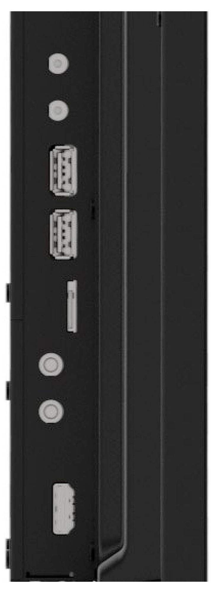 Seitenansicht eines schwarzen elektronischen Geräts mit mehreren Anschlüssen: USB, HDMI und Tasten.