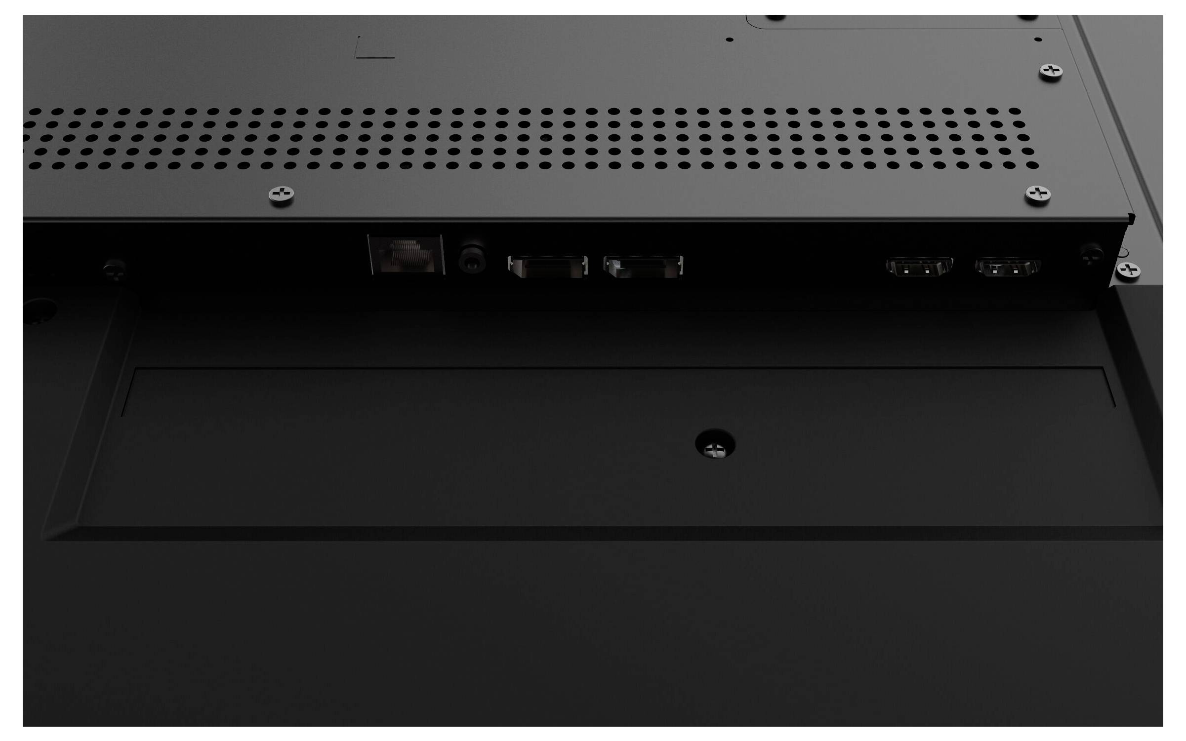 Rückansicht eines elektronischen Geräts mit Anschlüssen für Konnektivität, einschließlich Ethernet, HDMI und Stromversorgung.