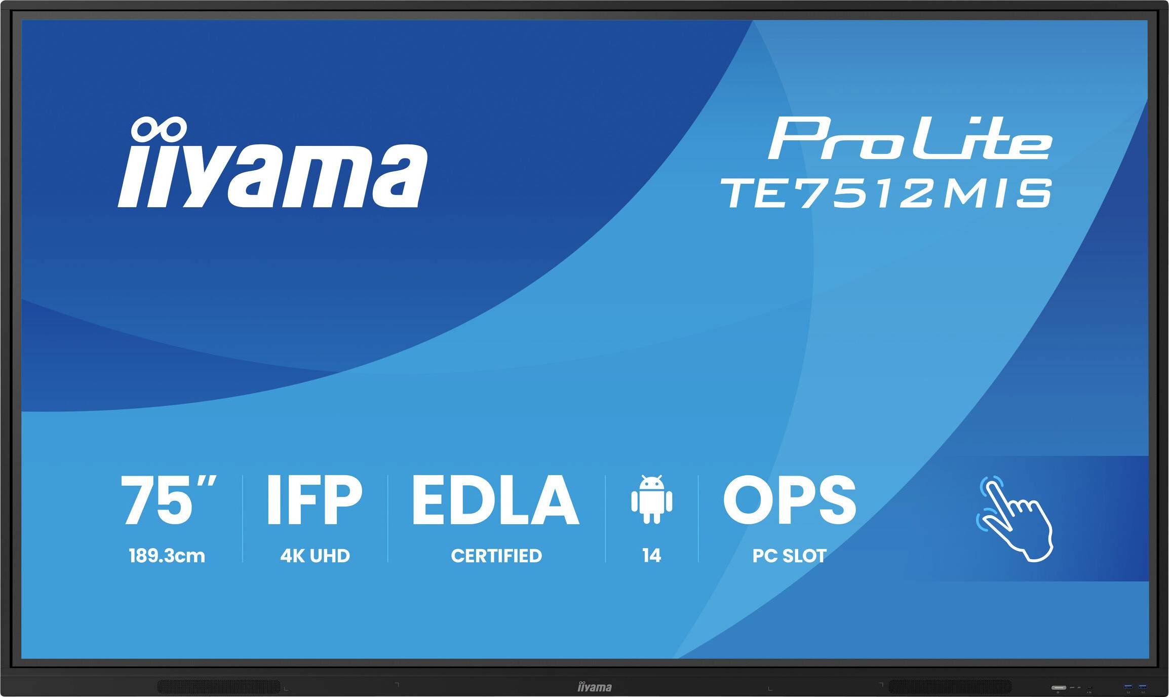 Ein Bildschirm, der den 'iiyama ProLite TE7512MIS' zeigt, mit technischen Daten: 75-Zoll 4K UHD, IFP, EDLA-zertifiziert, Android 14, OPS-PC-Steckplatz.