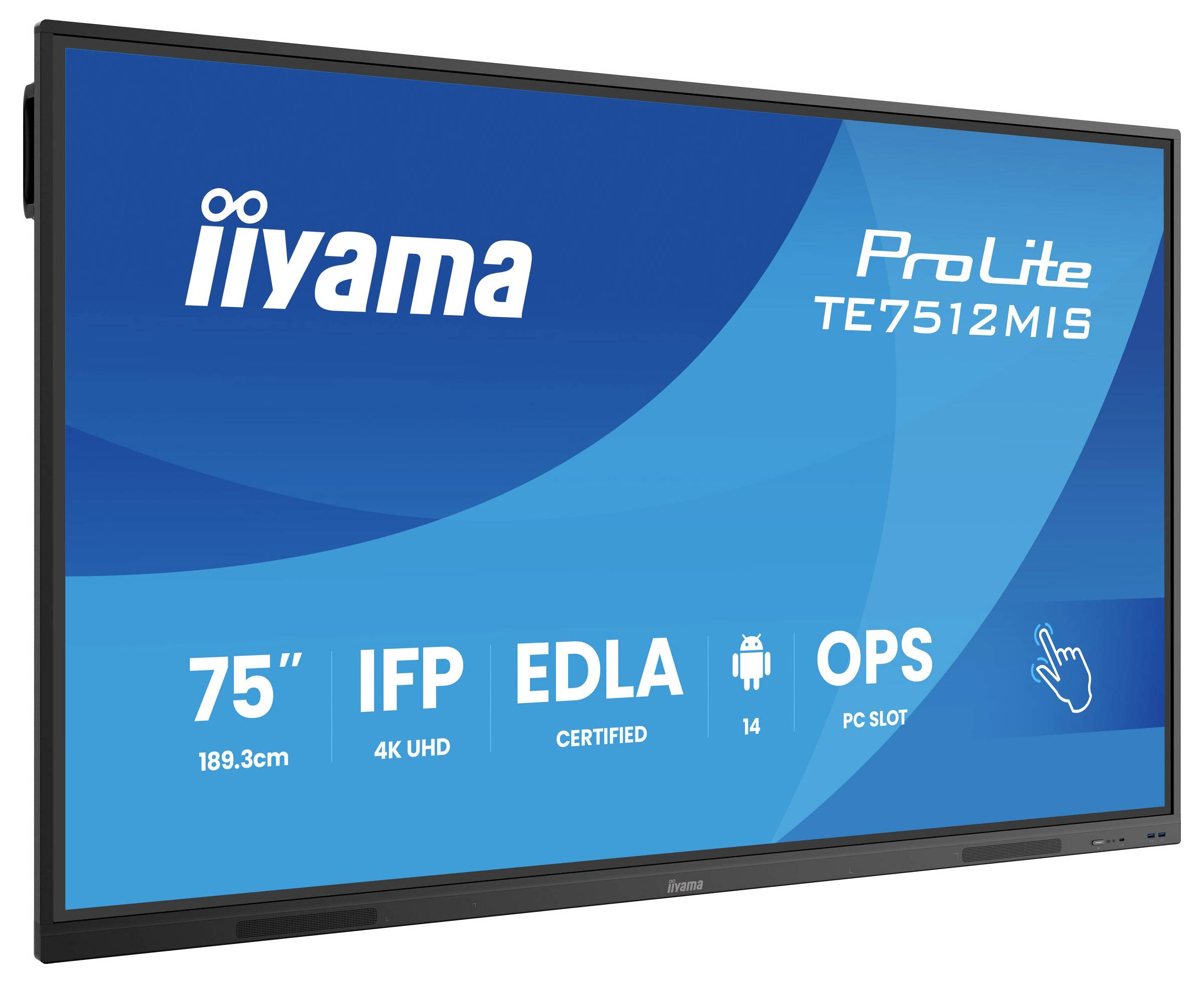 'iiyama ProLite TE7512MIS' 75-Zoll 4K UHD-Display mit IFP, EDLA-Zertifizierung, Android 14, OPS-PC-Steckplatz.