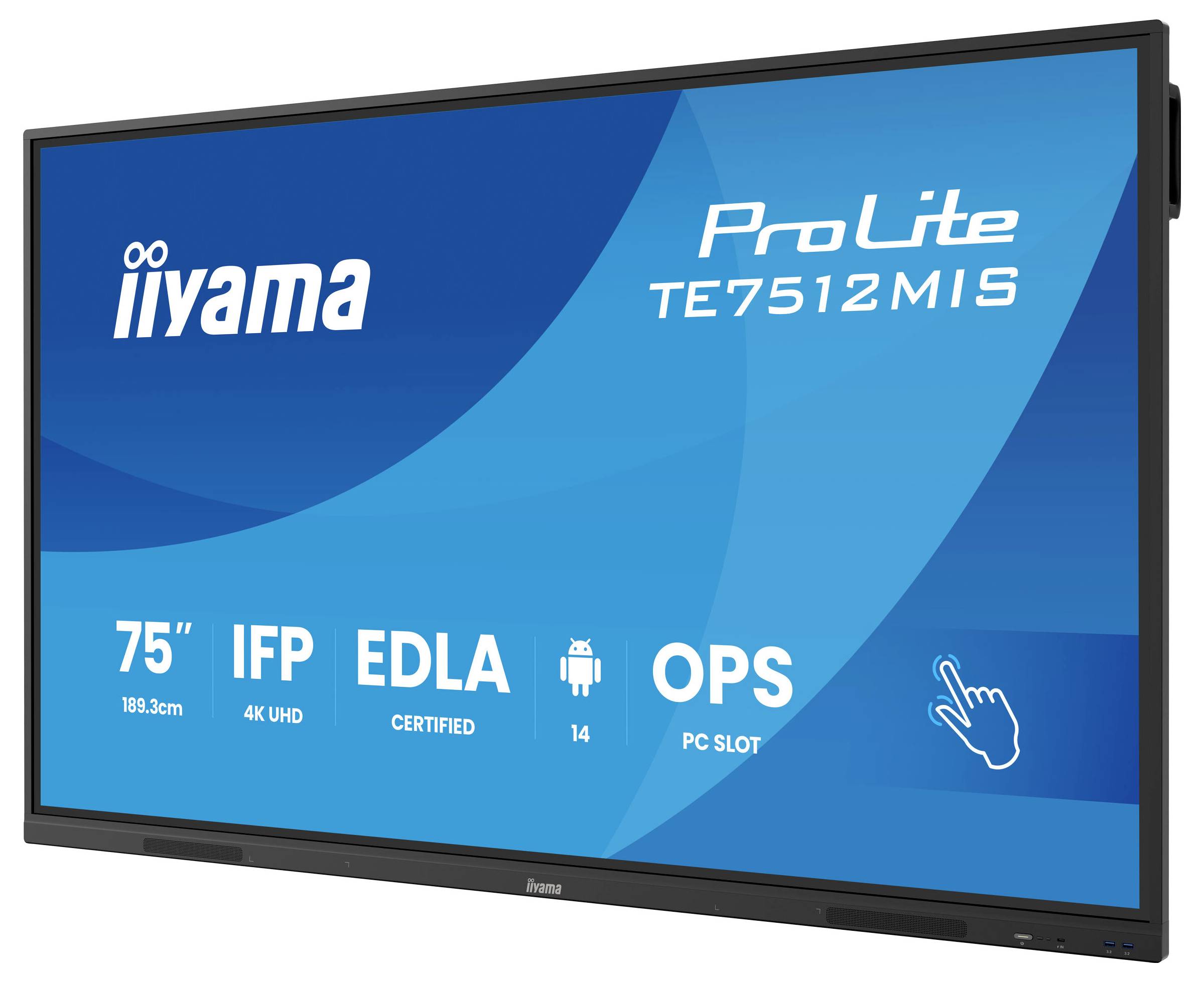 Ein 75-Zoll Iiyama ProLite TE7512MIS Bildschirm. Zu den Funktionen gehören 4K UHD, EDLA-Zertifizierung, Android 14 und ein PC-Steckplatz mit Touchfunktion.