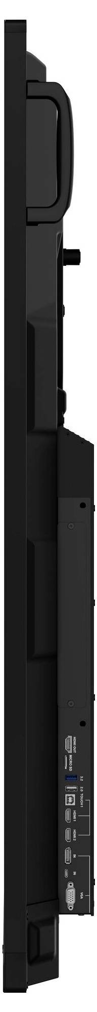 Seitenansicht eines Flat-Screen-Fernsehers, die sein schmales Profil zeigt, mit einem Griff an der Oberseite und verschiedenen Anschlüssen am unteren Rand, darunter HDMI- und USB-Ports.