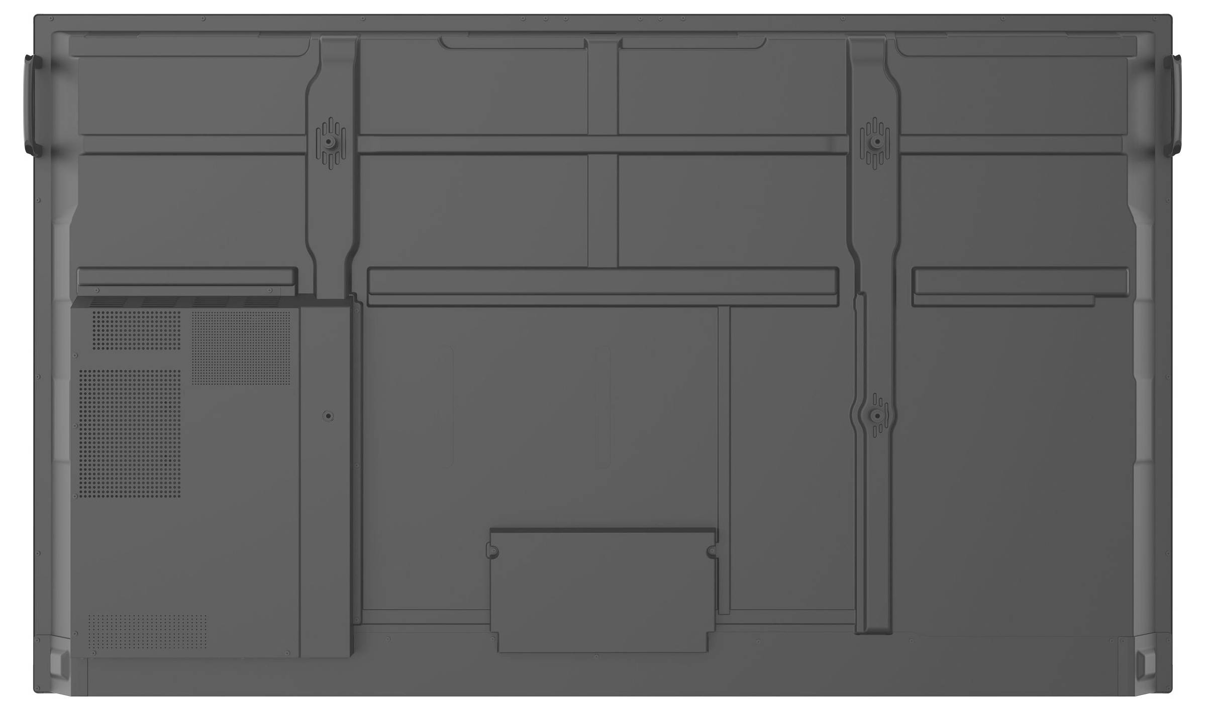 Das Bild zeigt die Rückseite eines großen, flachen, rechteckigen elektronischen Geräts, möglicherweise eines Fernsehers oder Monitors, und hebt dessen strukturelle Merkmale hervor.