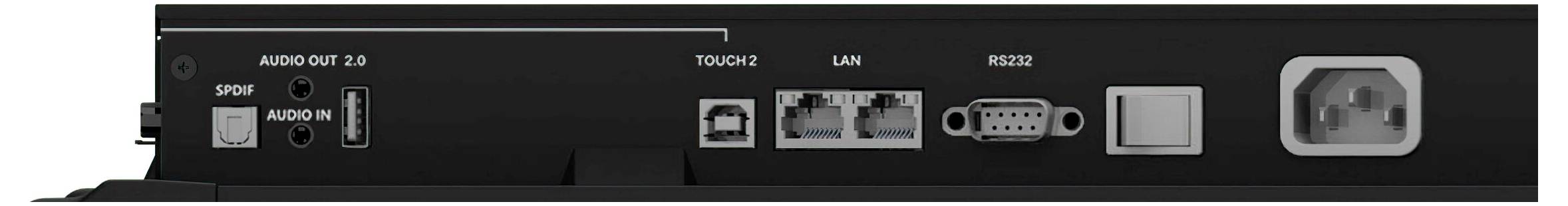 Rückseite eines elektronischen Geräts mit verschiedenen Anschlüssen, darunter HDMI, LAN und Stromeingang, mit einem Rücksetzknopf und anderen Anschlüssen.