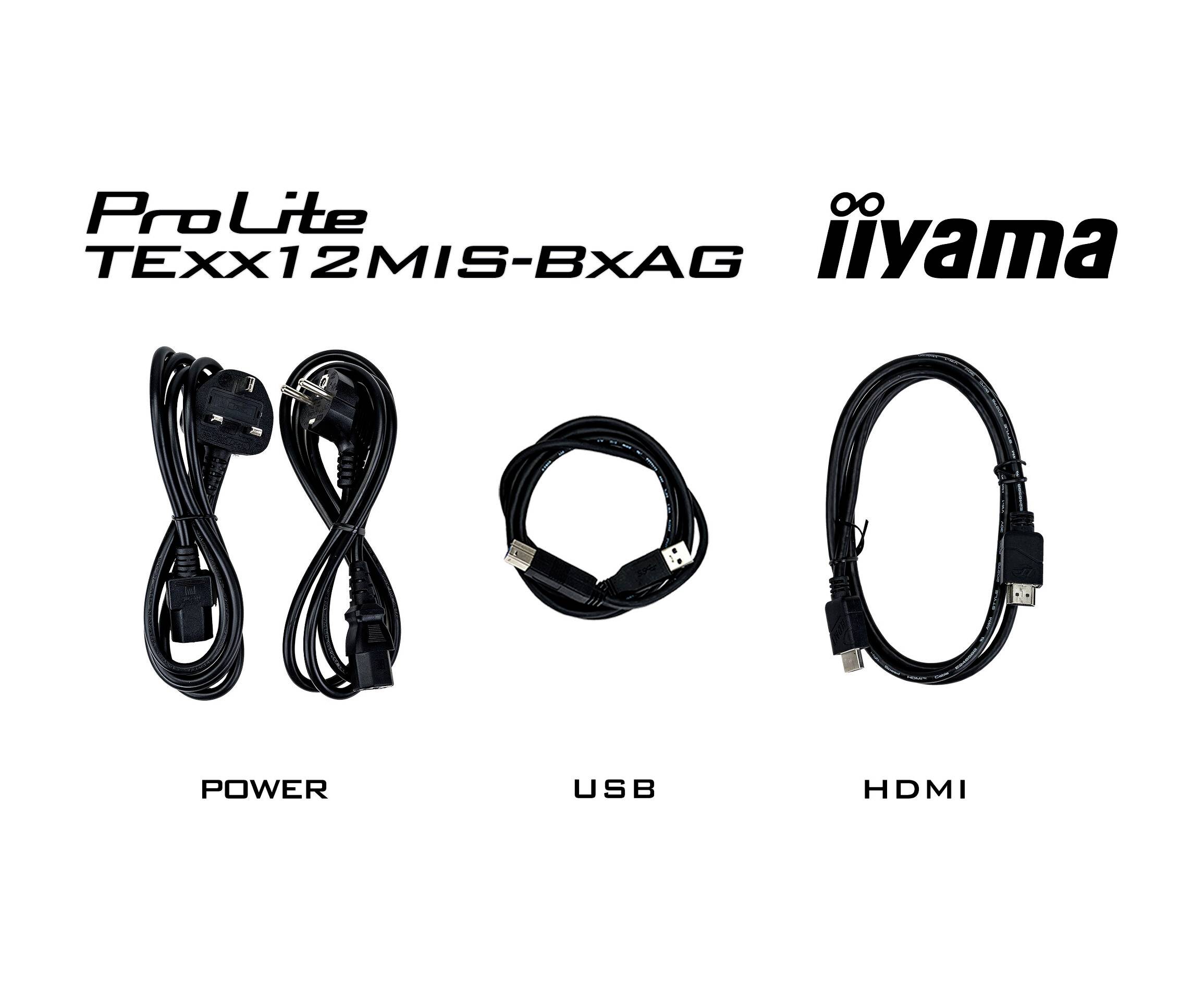 Darstellung von drei Kabeltypen: 'Stromkabel', 'USB' und 'HDMI', jeweils beschriftet und Teil des 'ProLite TEXX12MIS-BxAG' von Iiyama.