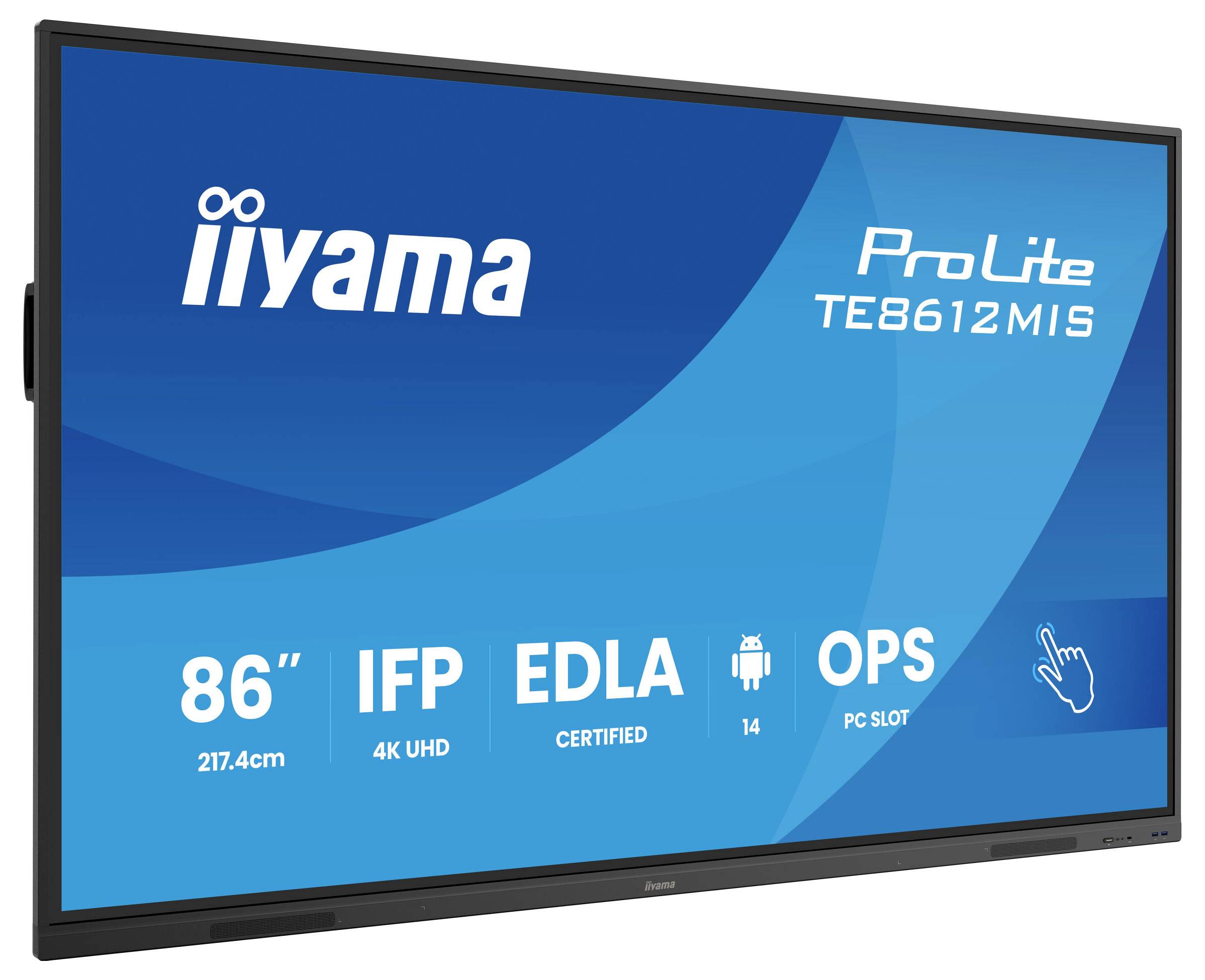 Großer Displaybildschirm mit der Aufschrift 'iiyama ProLite TE8612MIS' mit folgenden Merkmalen: 86