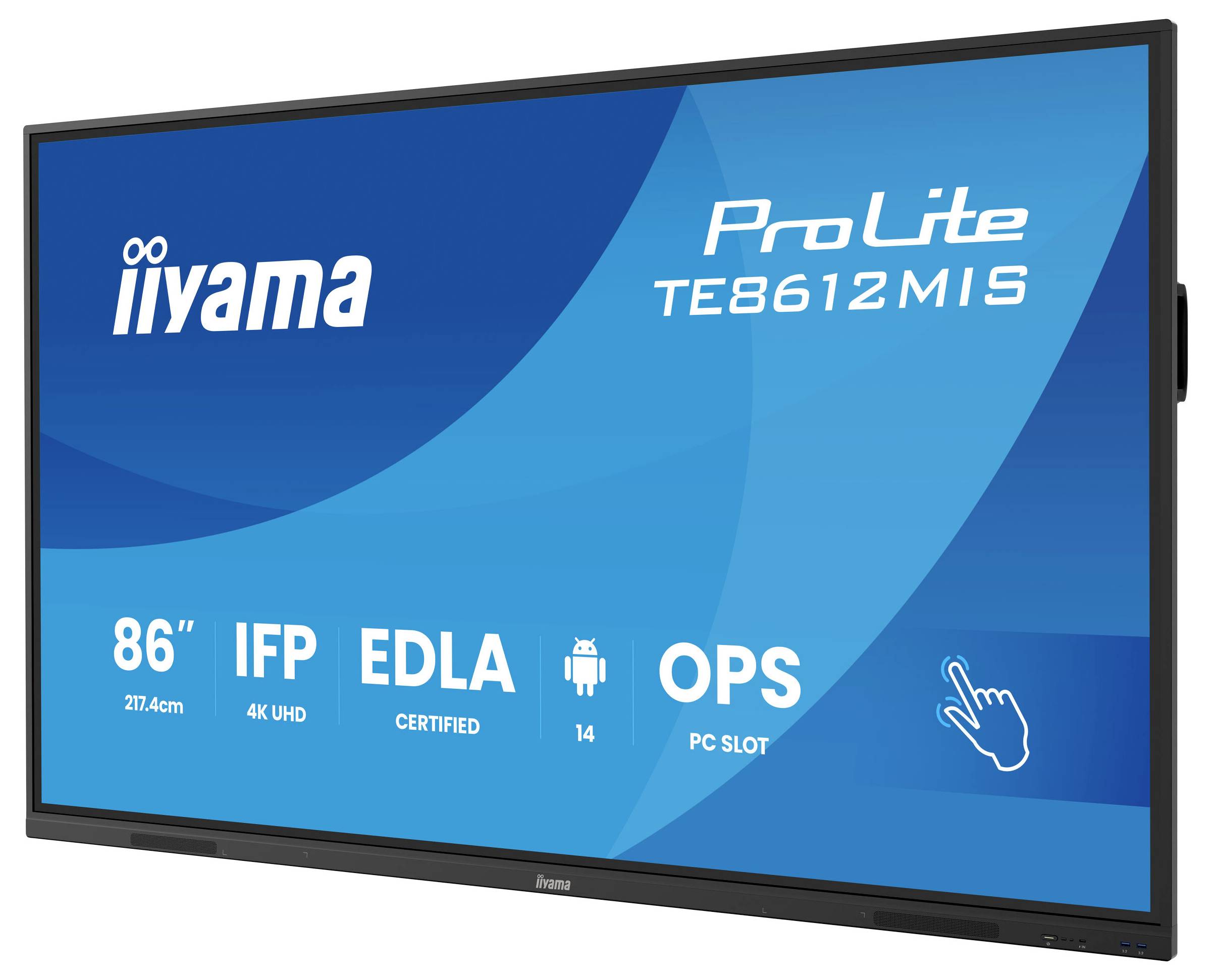 Iiyama ProLite TE8612MIS: 86-Zoll 4K UHD interaktives Flachbildschirm-Display mit Android, ELED-Zertifizierung, OPS-PC-Steckplatz und Touchfunktion.