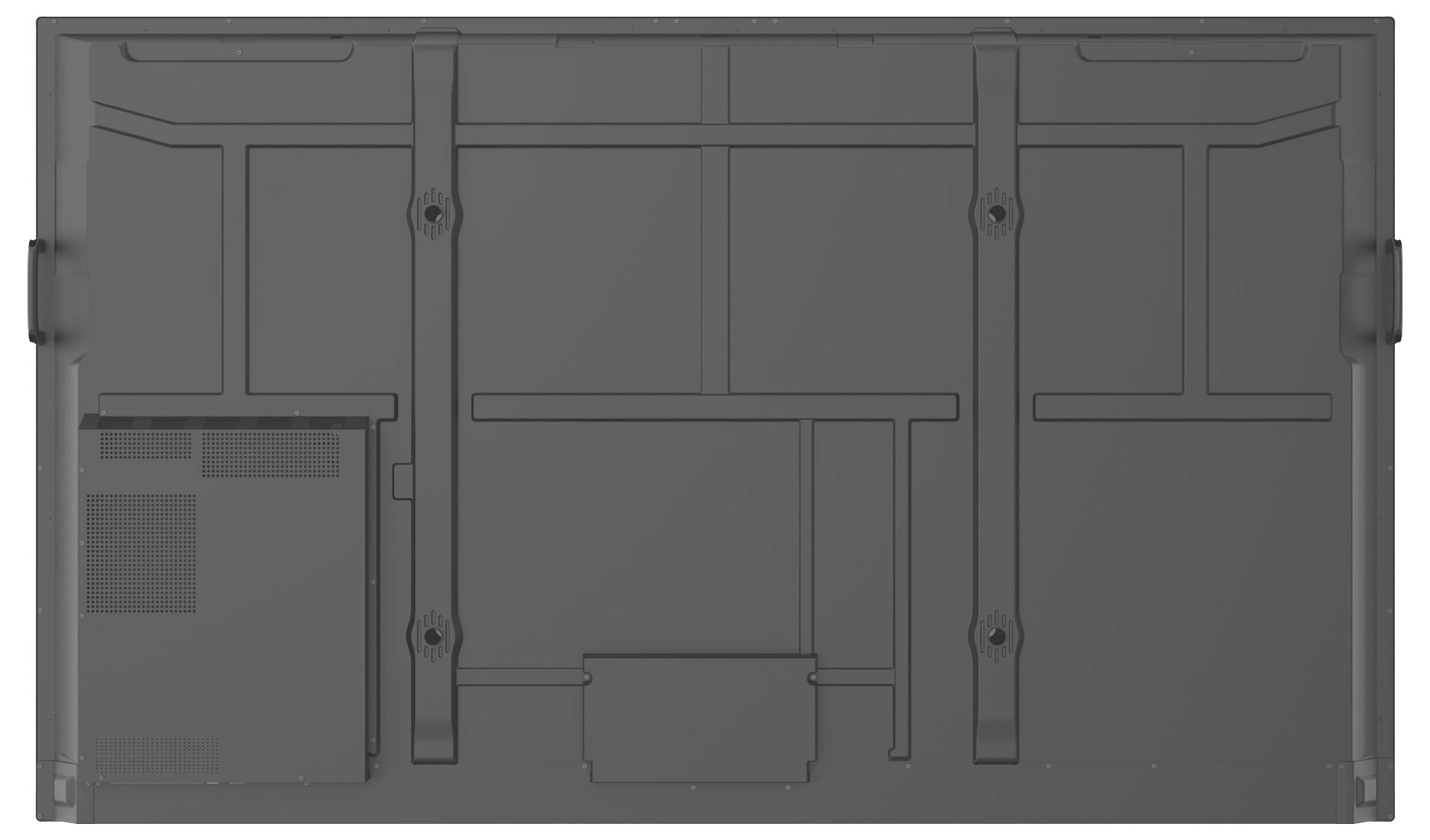 Rückansicht eines Flachbildfernsehers, der Montagebügel, Lüftungsschlitze und Anschlusskompartimente auf einer grauen Paneeloberfläche zeigt.