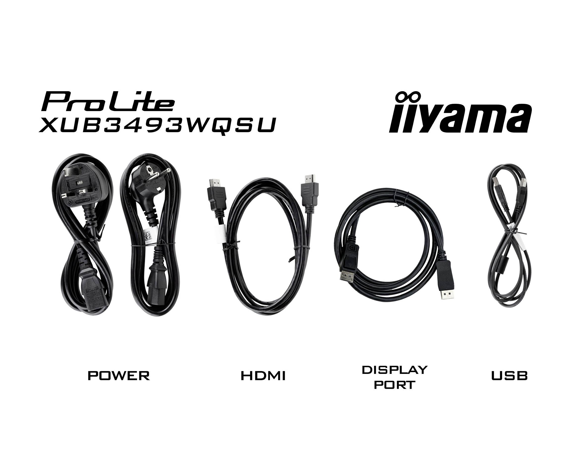 Für den iiyama ProLite XUB3493WQSU Monitor benötigte Kabel: Netzkabel, HDMI, DisplayPort und USB, von links nach rechts dargestellt.