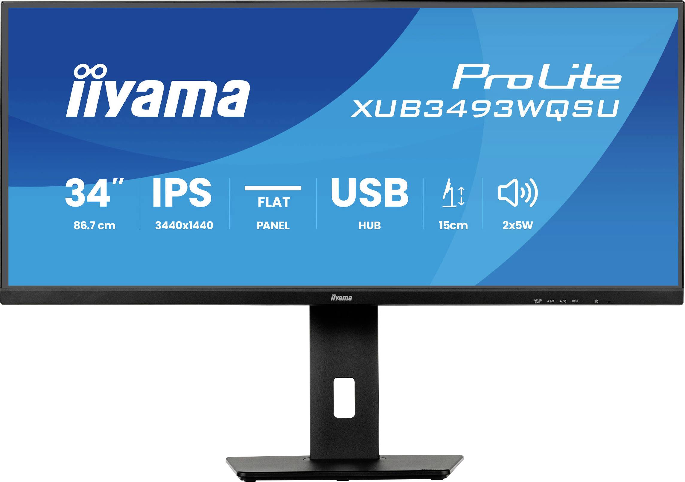 Ein Flachbildschirm mit der Anzeige 'iiyama ProLite XUB3493WQSU', 34 Zoll, Auflösung von 3440x1440, IPS-Panel, mit USB-Hub, 15 cm Standfuß und 2x5W Lautsprechern.