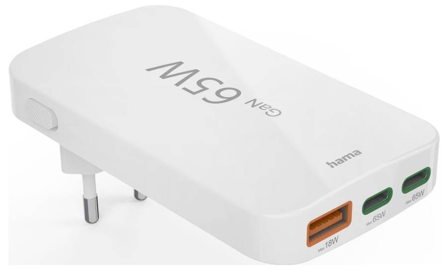 Hama Schnellladegerät, 2x USB-C, 1x USB-A, flaches Mini-Ladegerät, PD, 65 W, WS USB Ladegerät 65W Weiß