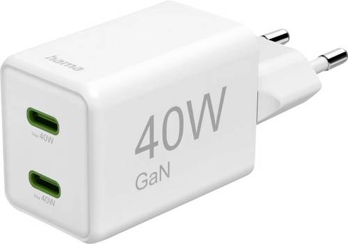 Hama Schnellladegerät, GaN, 2x USB-C, Super-Mini-Ladegerät, PD, 40 W, Weiß USB Ladegerät 40 W Wei