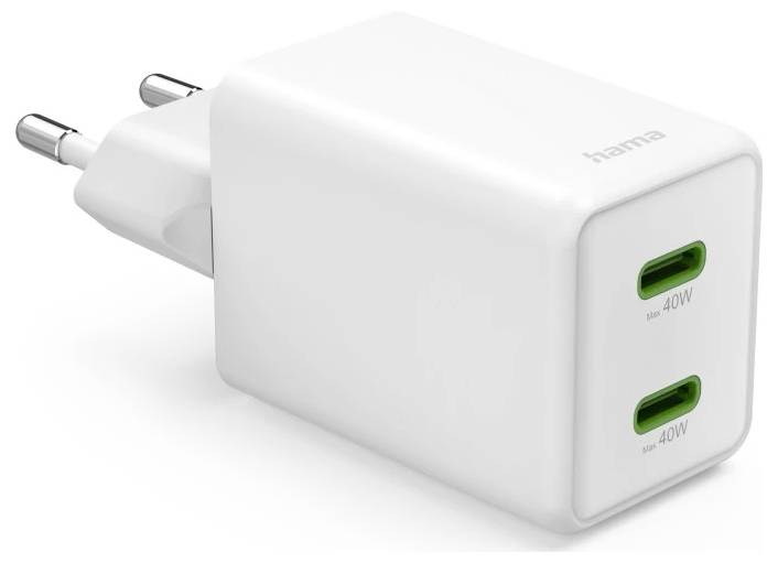 Hama Schnellladegerät, GaN, 2x USB-C, Super-Mini-Ladegerät, PD, 40 W, Weiß USB Ladegerät 40W Weiß