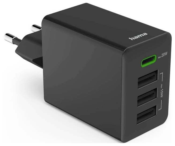 Hama Schnellladegerät, 1x USB-C PD, 3x USB-A, Mini-Ladegerät, 35W, Schwarz USB Ladegerät 35W Schwarz