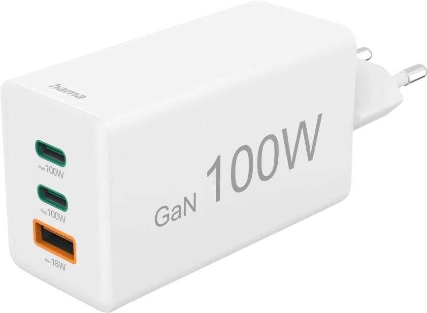 Hama Schnellladegerät, GaN, 2x USB-C, 1x USB-A, Mini-Ladegerät, PD, 100 W, Weiß USB Ladegerät 100