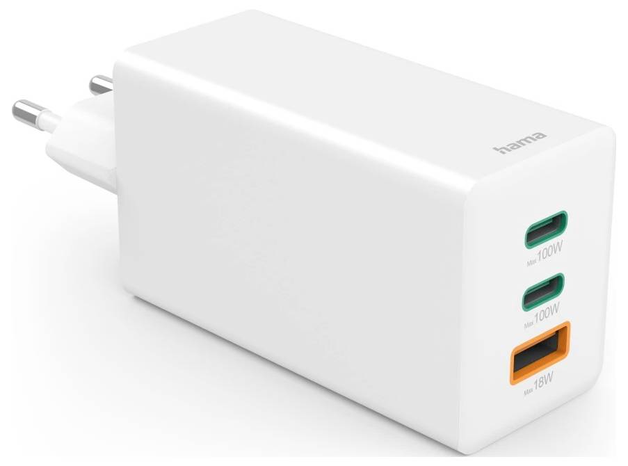 Hama Schnellladegerät, GaN, 2x USB-C, 1x USB-A, Mini-Ladegerät, PD, 100 W, Weiß USB Ladegerät 100W Weiß