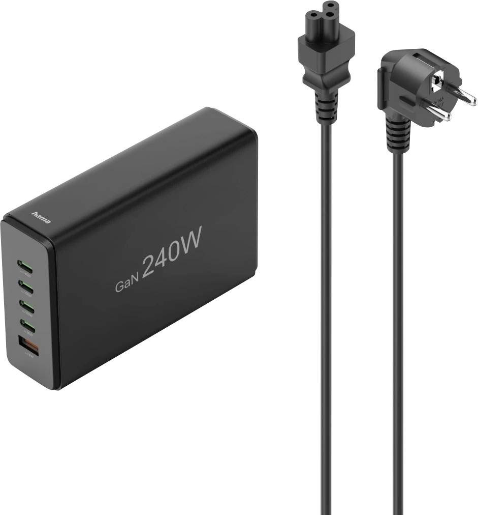 Hama USB-Ladestation 5 Ports, GaN, Schnellladegerät, 4xUSB-C, 1xUSB-A, PD, 240 W USB Ladestation 240 W Schwarz