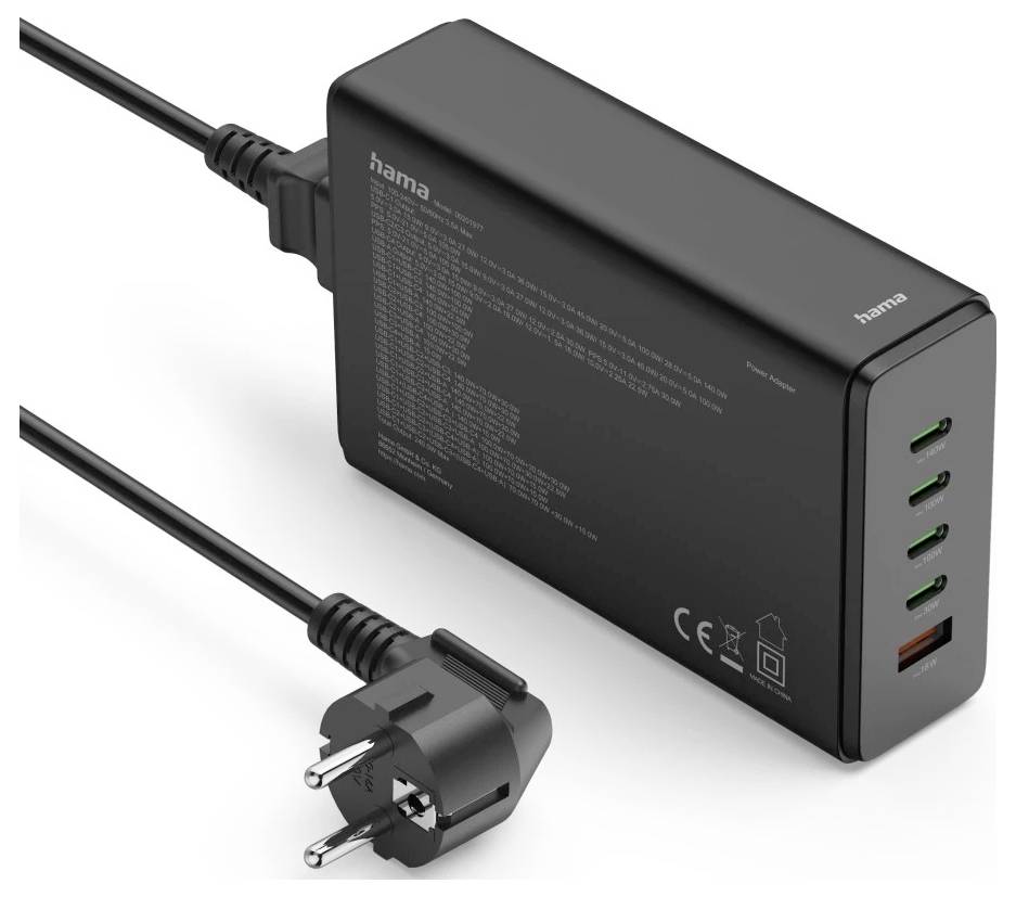 Hama USB-Ladestation 5 Ports, GaN, Schnellladegerät, 4xUSB-C, 1xUSB-A, PD, 240 W USB Ladestation 240 W Schwarz