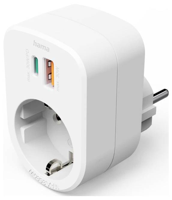 hama 00223343 Mehrfachstecker 3er f. Steckdose, 1 USB-C PD, 1 USB-A, 1 Schutzkontakt, 30W