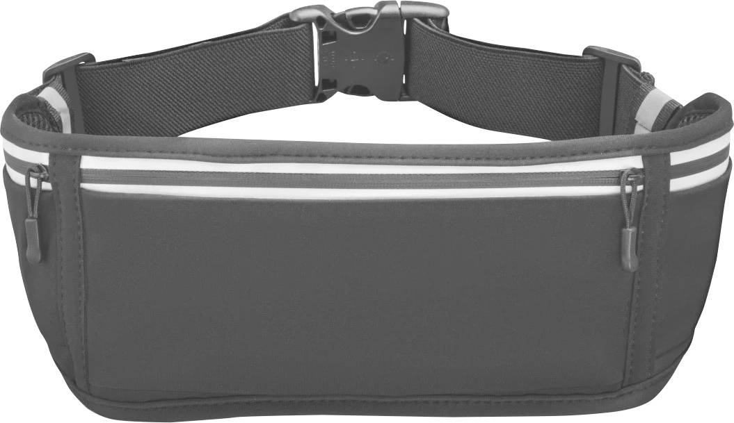 Eine elegante schwarze Gürteltasche mit einer Schnalle und zwei Reißverschlussfächern, entwickelt zum sicheren Transport kleiner Gegenstände beim Laufen oder Reisen.