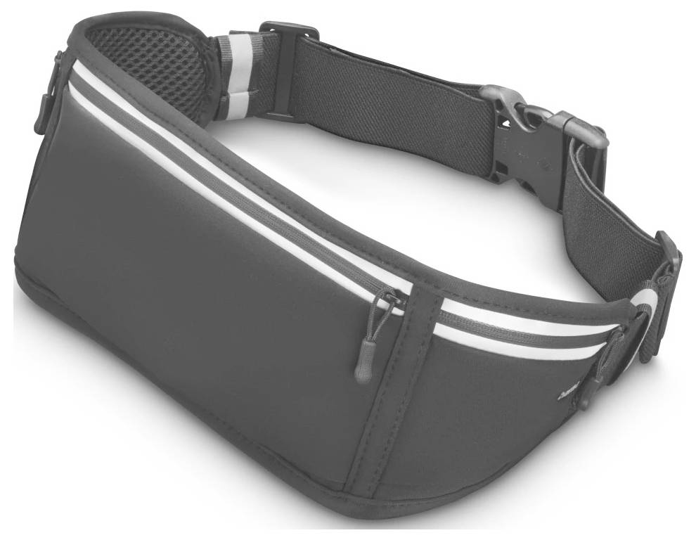 Ein Hüftgurt mit zwei Reißverschlusstaschen und reflektierenden Streifen, entwickelt zum Tragen von Utensilien während Aktivitäten wie Laufen oder Spazierengehen.