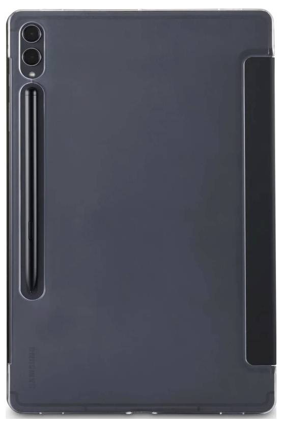 Ein schlankes, schwarzes Tablet-Etui mit einem Schlitz für einen Stylus an der Rückseite, entwickelt für praktischen und stilvollen Schutz.