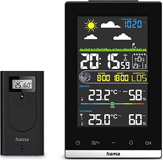 Hama Wetterstation "Jamaika", mit Außensensor, Funk, Wecker, Raumklima, Schwarz 00222239 Funk-Wette