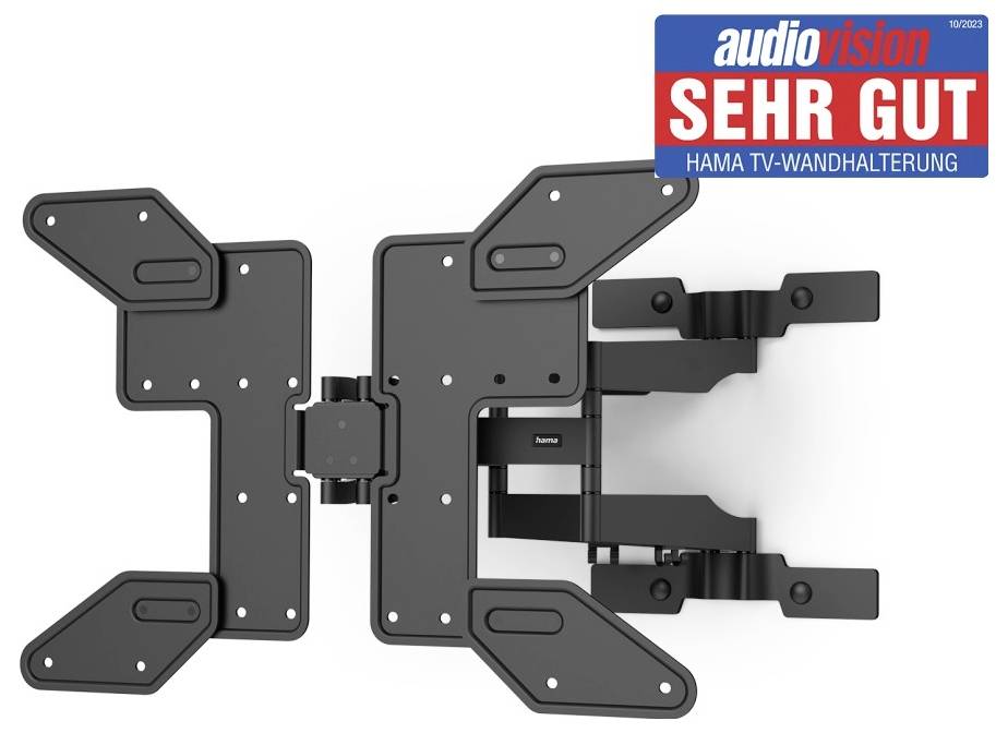 Hama TV-Wandhalterung in Schwarz, bewertet als 'Sehr gut' von Audiovision. Robuste, verstellbare Halterung für Flachbildfernseher.