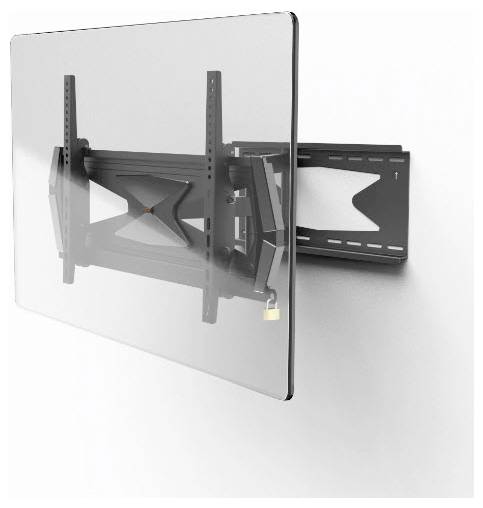 Eine schwarze TV-Wandhalterung mit einem schwenkbaren Arm ist an einer weißen Wand befestigt, entwickelt, um einen Flachbildschirm-Fernseher zu halten und verschiedene Einstellungsmöglichkeiten zu bieten.