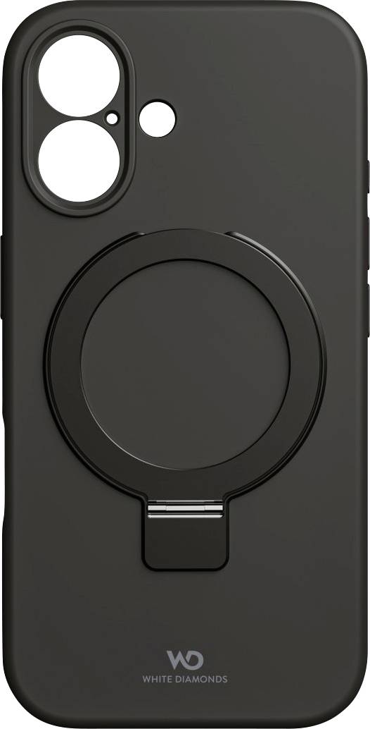 Schwarze Handyhülle mit einem kreisförmigen Ständer und dem 'White Diamonds' Logo am unteren Rand. Zwei große Kameraausschnitte und kleinere Lichtsensoren.