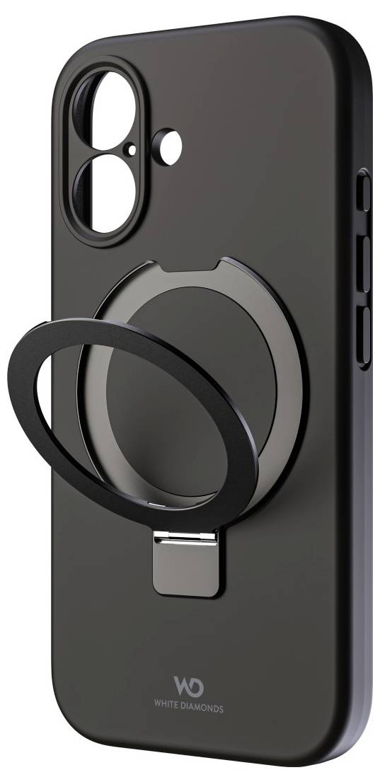 Ein schwarzes Smartphone-Gehäuse mit einem kreisförmigen Metallringständer und dem 'White Diamonds' Logo, das eine freihändige Unterstützung und einfachen Griff bietet.