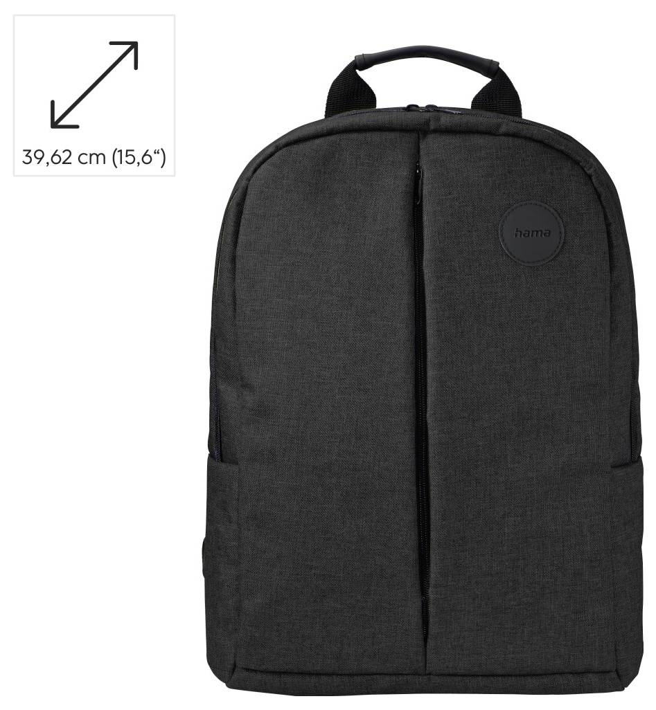 Schwarzer Rucksack mit Tragegriff oben und Frontalreißverschluss, beschriftet für 39,62 cm (15,6) Laptops.