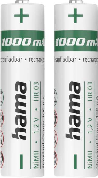 Hama NiMH-Akkus, AAA Micro, 1000 mAh, 1,2 V, 2 Stück Micro (AAA)-Akku NiMH 1.2V 2St.