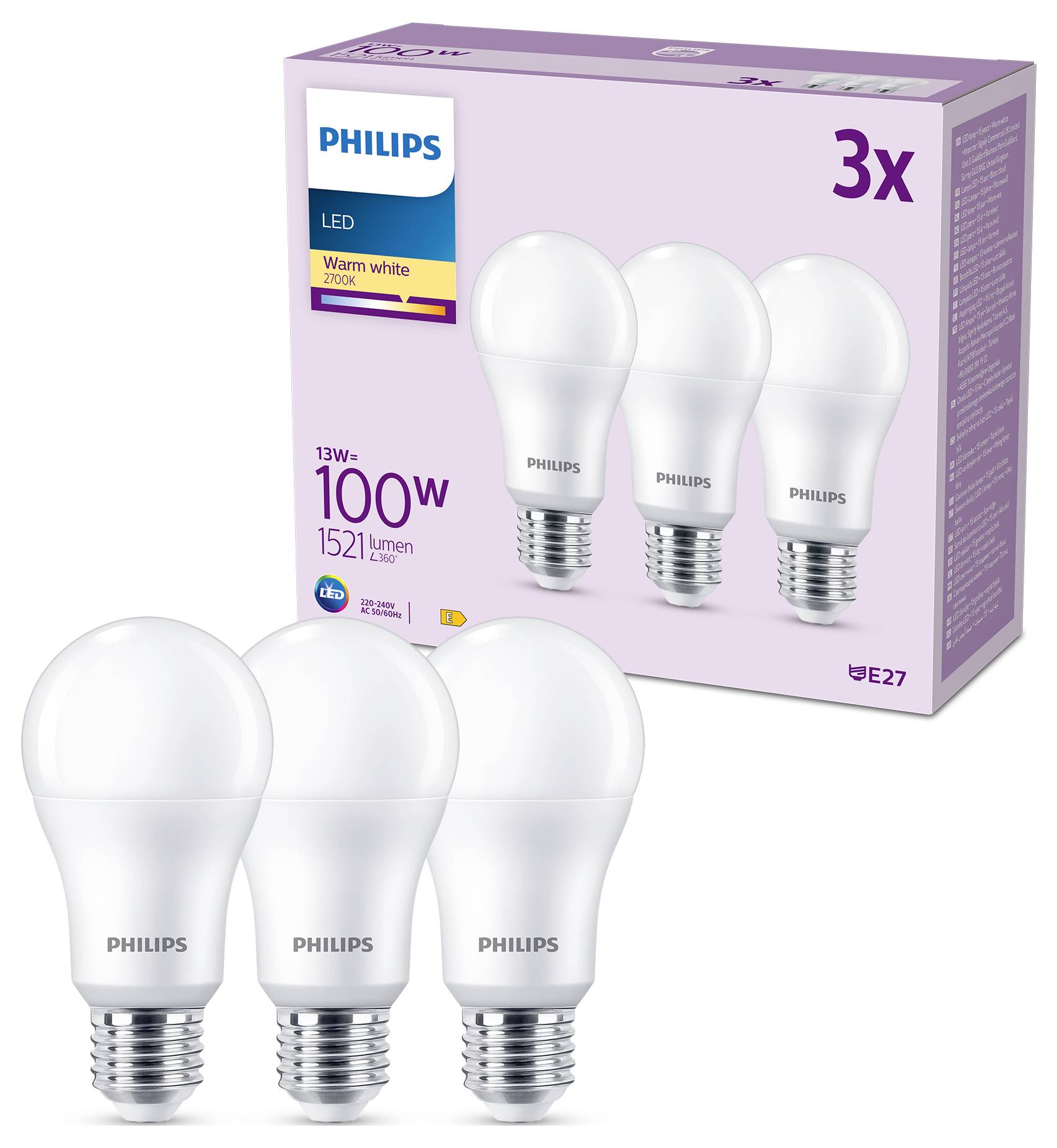 Philips 8719514451391 LED EEK E (A - G) E27 13 W = 100 W Warmweiß 3 St.