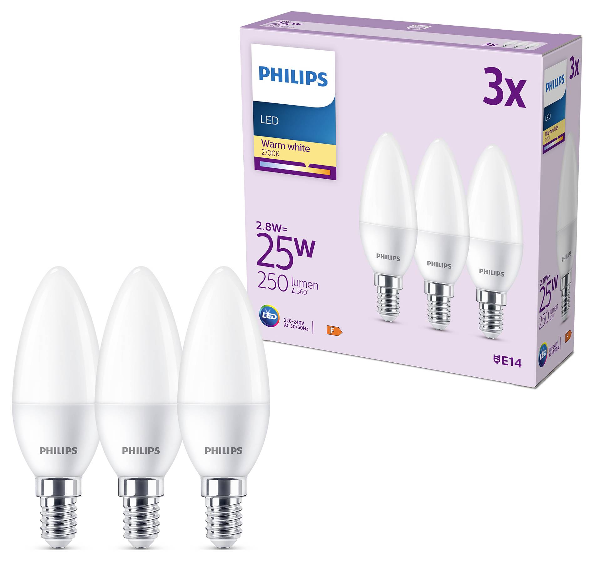 Philips 8719514460034 LED EEK F (A - G) E14 2.8W = 25W Warmweiß 3St.