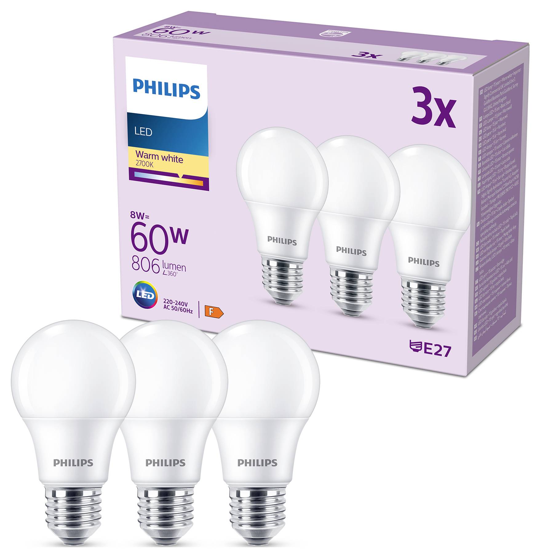Philips 8719514452404 LED EEK F (A - G) E27 8W = 60W Warmweiß 3St.