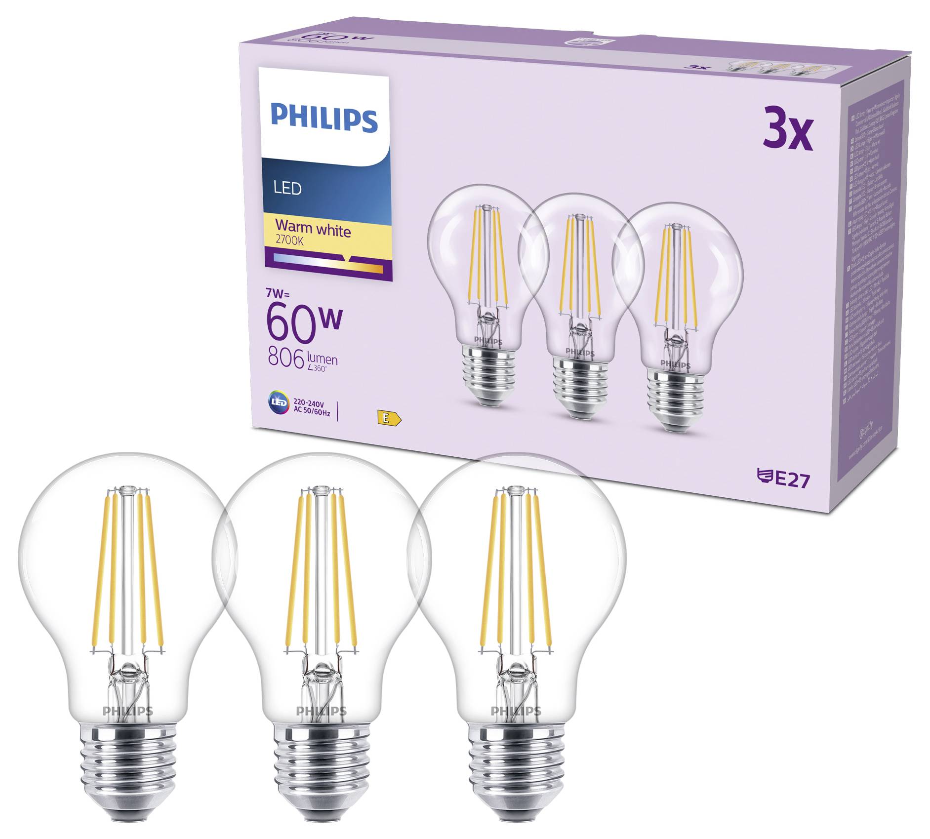Philips 8721103047441 LED EEK E (A - G) E27 7W = 60W Warmweiß 3St.