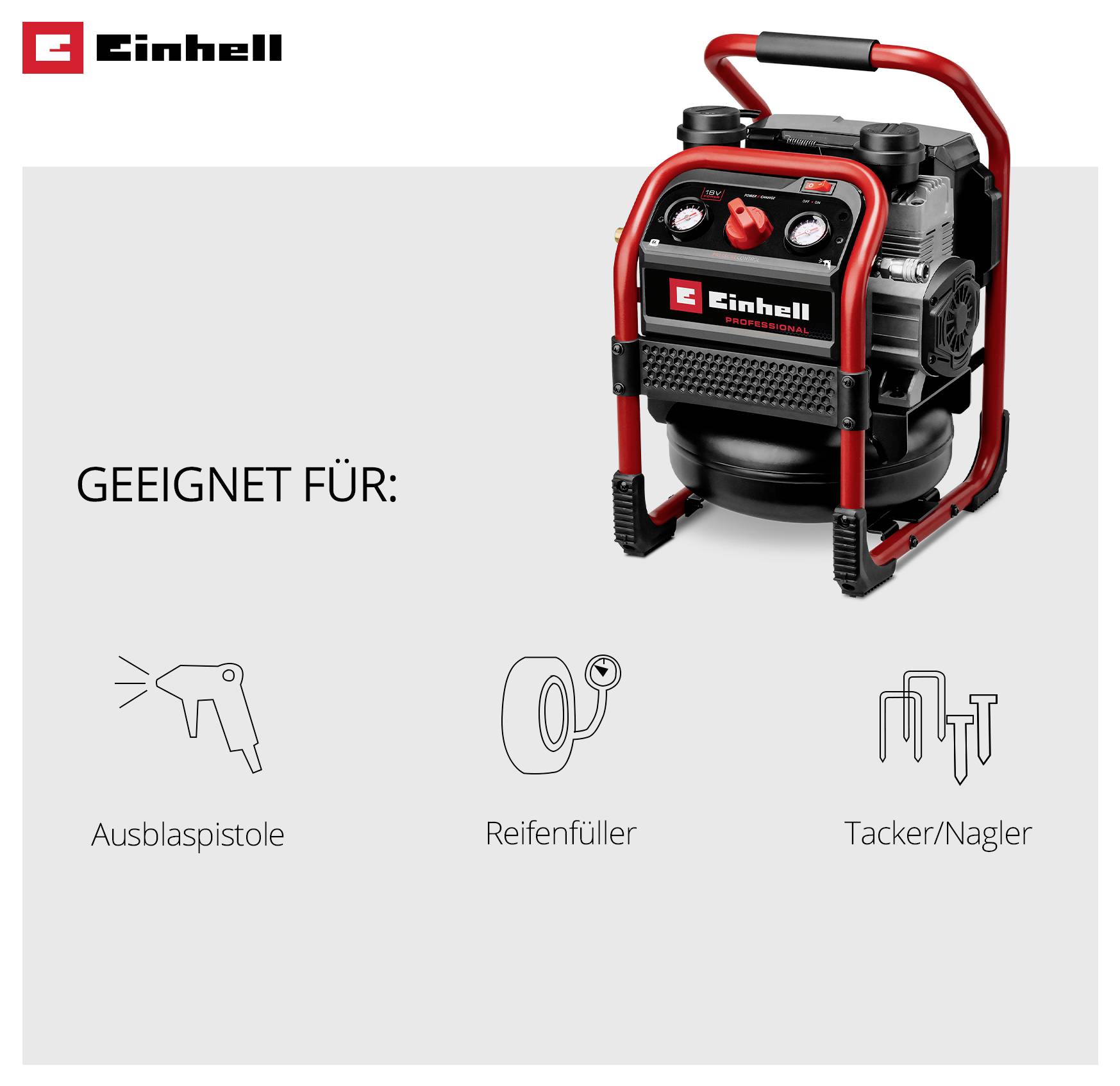 Einhell-Kompressor; geeignet für Ausblaspistole, Reifenfüller und Tacker/Nagler.
