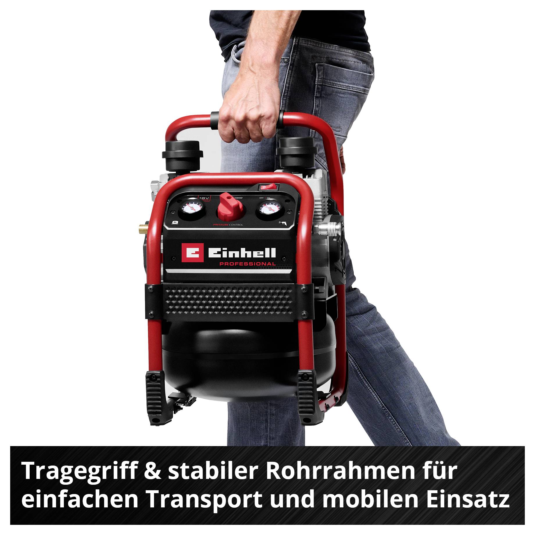 Mann trägt einen Einhell-Kompressor mit Tragegriff und Rohrrahmen; unten steht: 'Tragegriff & stabiler Rohrrahmen für einfachen Transport und mobilen Einsatz'.