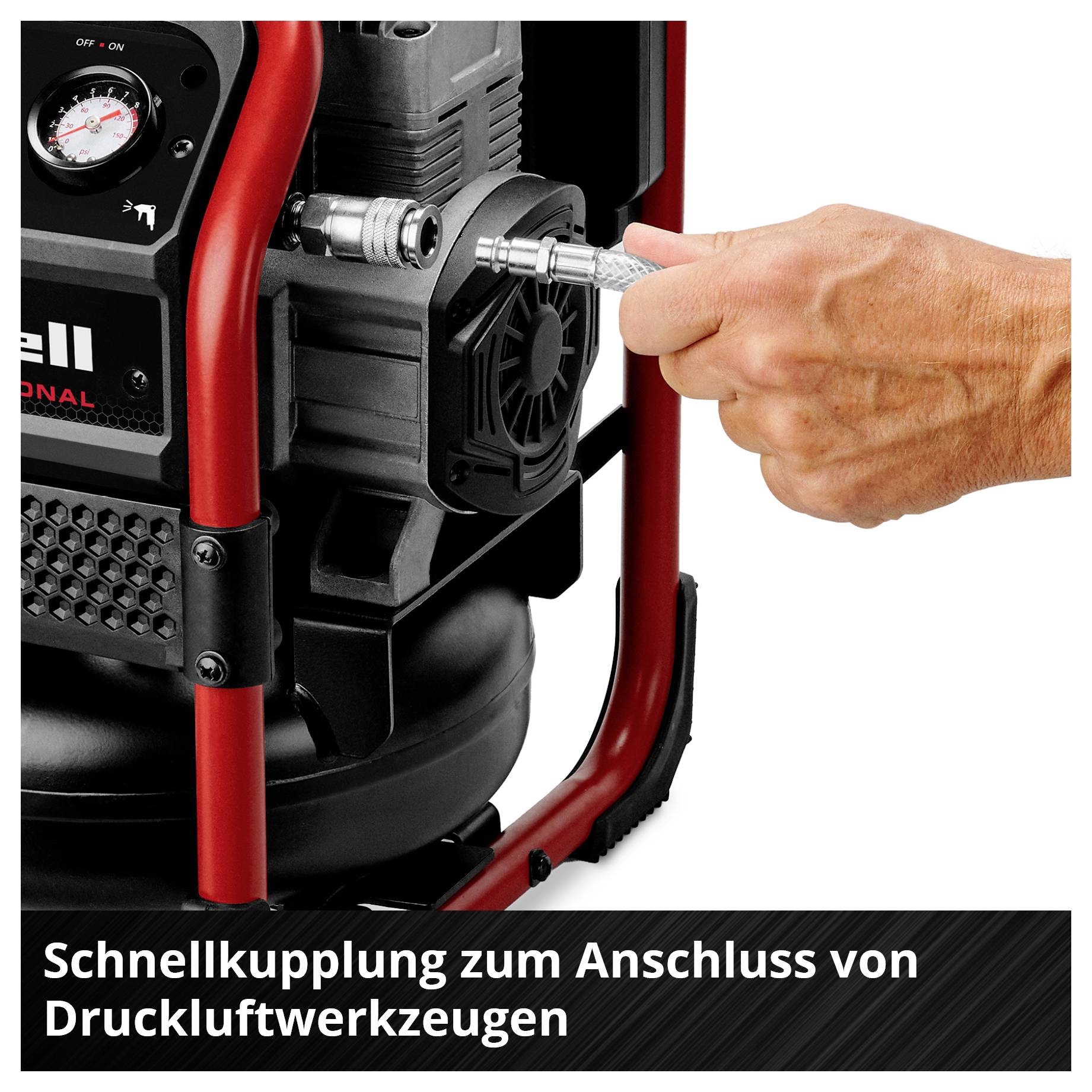 Hand koppelt Schnellkupplung an einen Kompressor; Text: 'Schnellkupplung zum Anschluss von Druckluftwerkzeugen'.