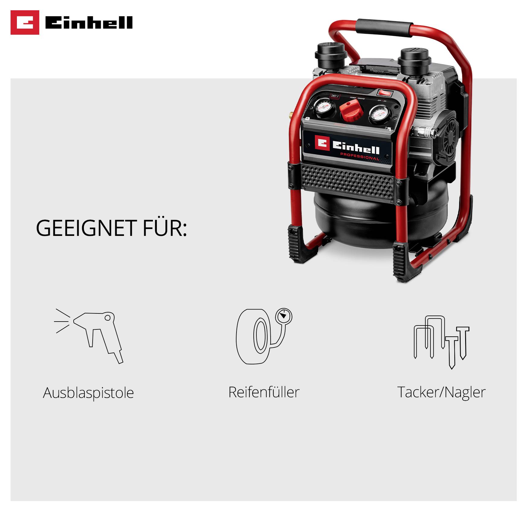 Einhell Kompressor mit Hinweis 'Geeignet für: Ausblaspistole, Reifenfüller und Tacker/Nagler'.