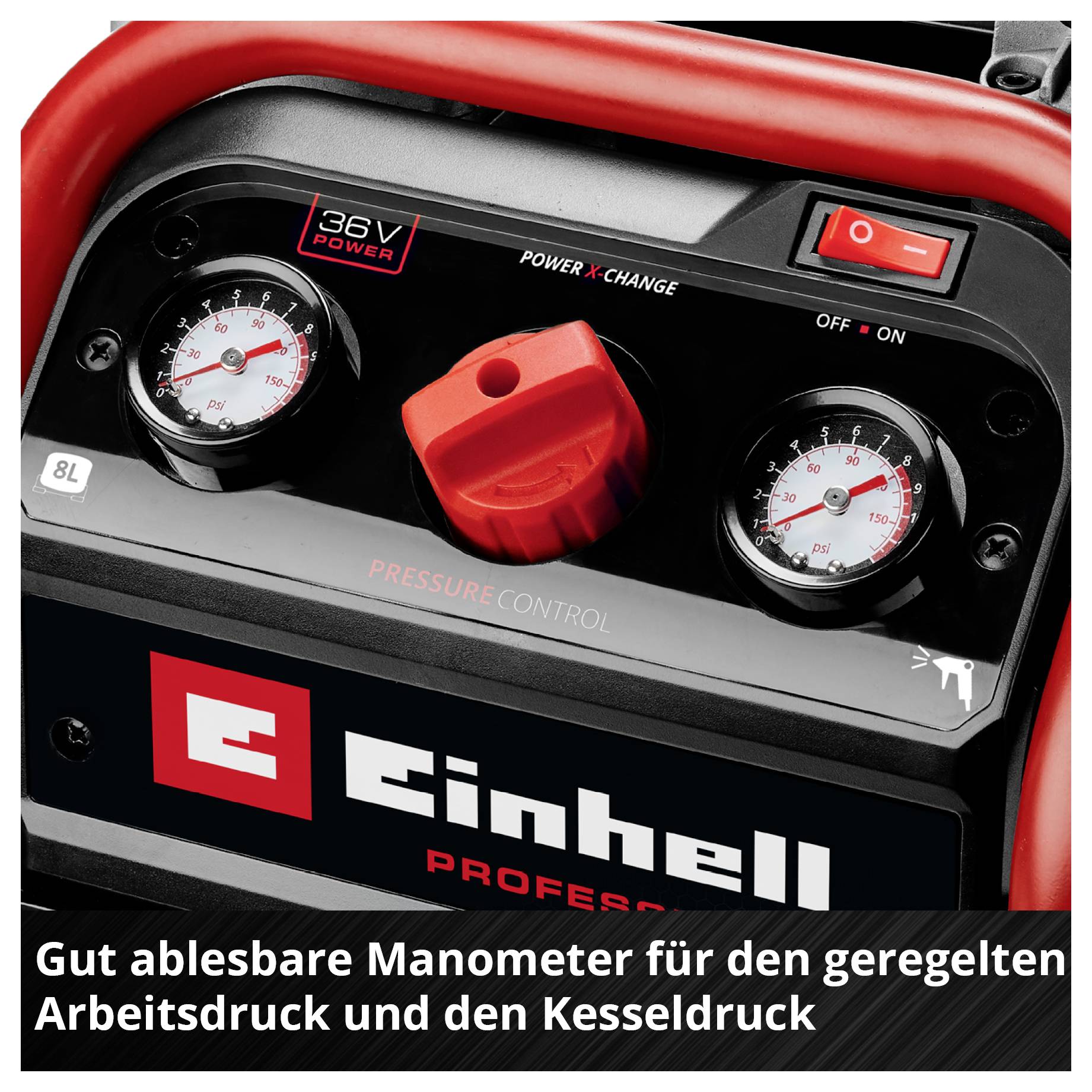 Nahaufnahme eines Einhell-Druckluftgeräts mit zwei Manometern, rotem Drehregler und Ein/Aus-Schalter; Text: 'Gut ablesbare Manometer für den geregelten Arbeitsdruck und den Kesseldruck'