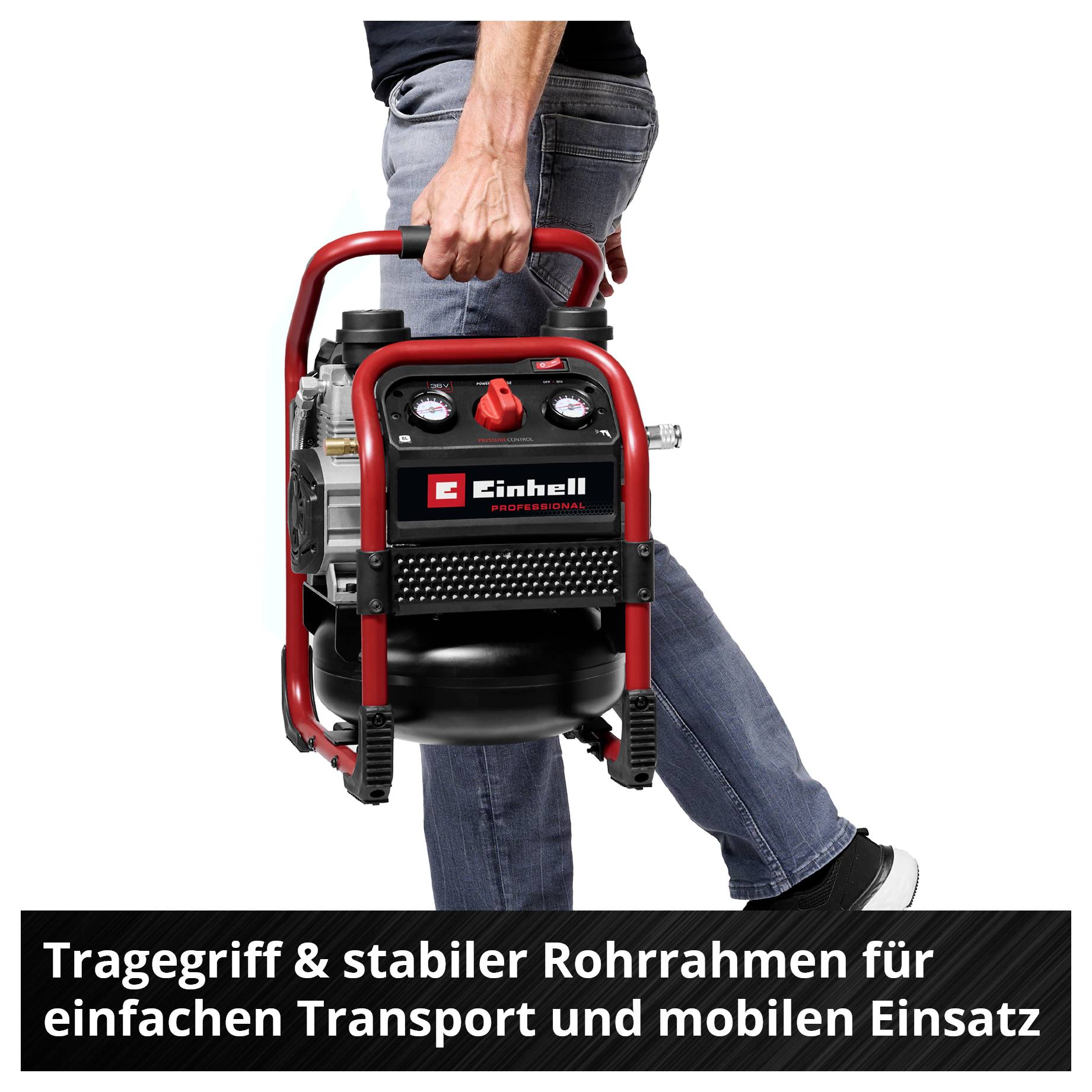 Person trägt einen mobilen Einhell-Kompressor mit Tragegriff und stabilem Rohrrahmen; Text: 'Tragegriff & stabiler Rohrrahmen für einfachen Transport und mobilen Einsatz'