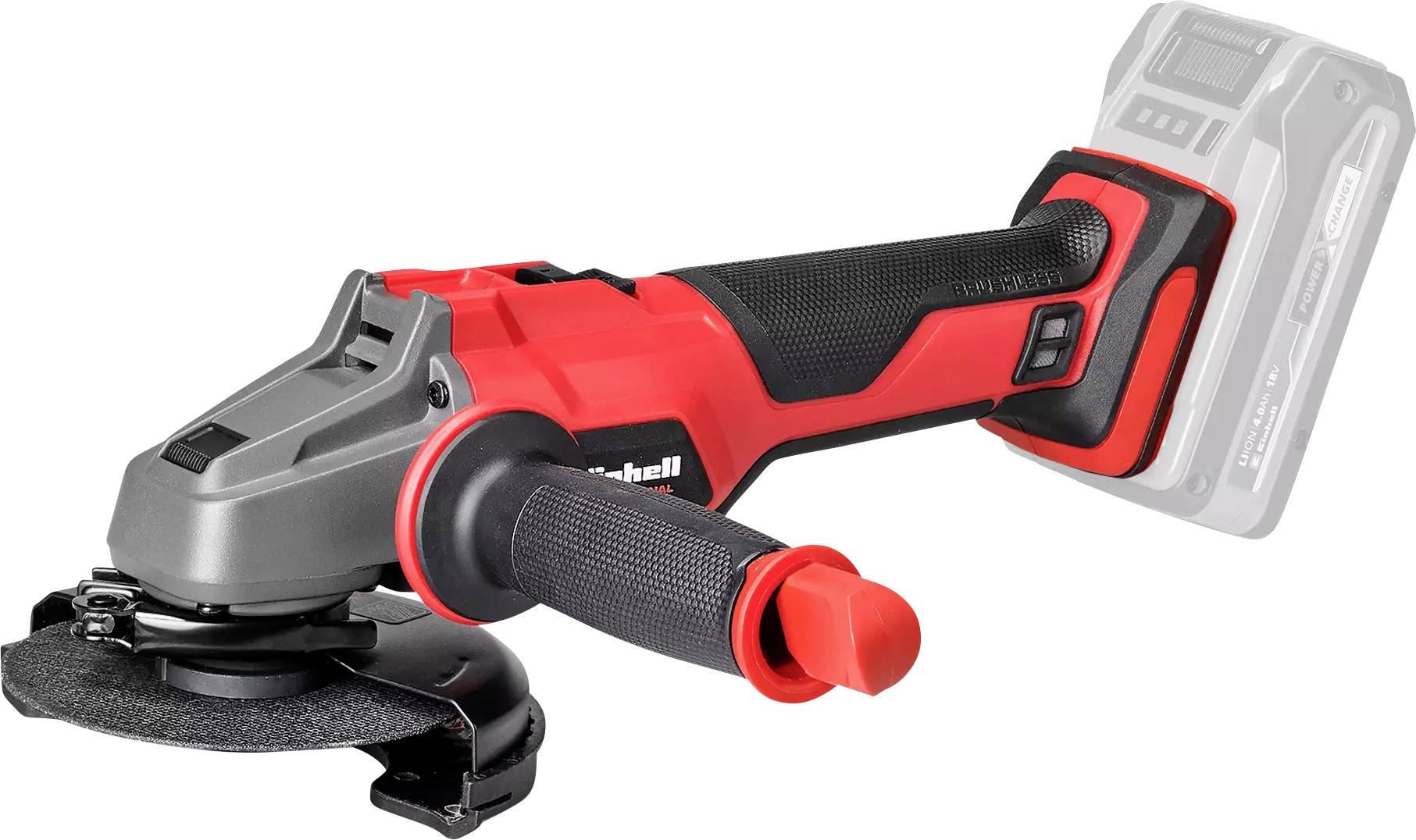 Eine kabellose Winkelschleifer mit Seitengriff, in einem rot-schwarzen Design, ohne angesetzten Akku dargestellt.