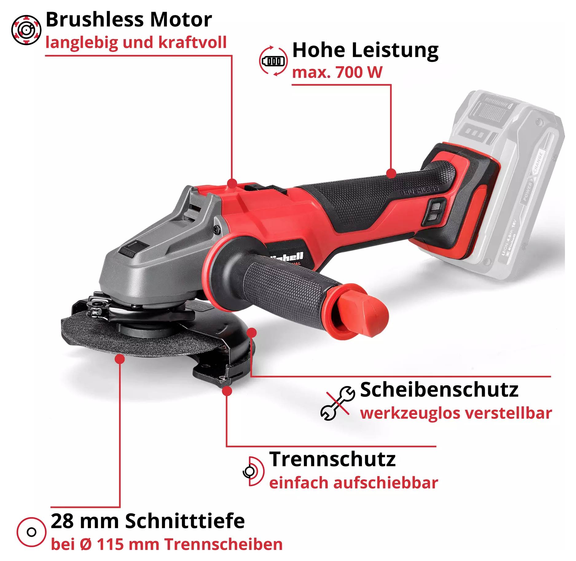 Kabelloser Winkelschleifer mit Brushless-Motor, hoher Leistung von max. 700 W, werkzeuglos verstellbarem Scheibenschutz und 28 mm Schnitttiefe.